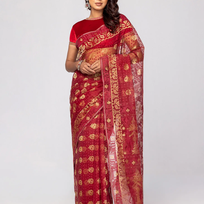 Maroon Half Silk Jamdani Saree