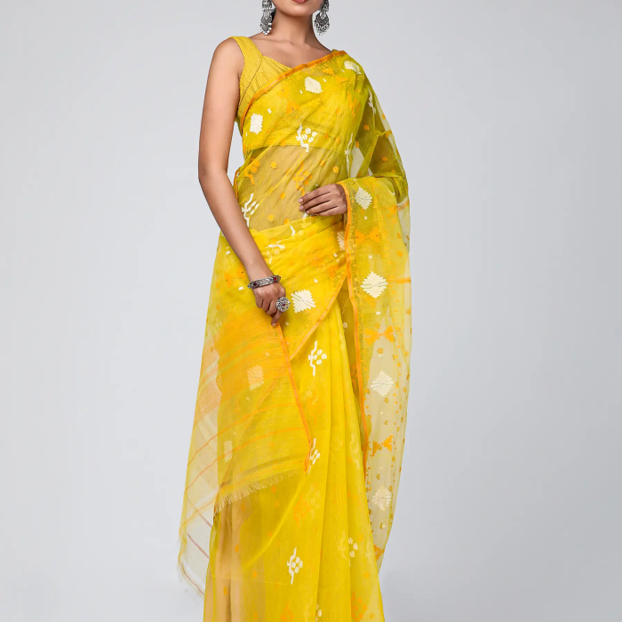 Yellow Half Silk Jamdani Saree